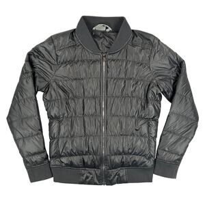 Athleta Dobby Goose Down Puffer Bomber Jacket Womens M Black Full Zip Pockets